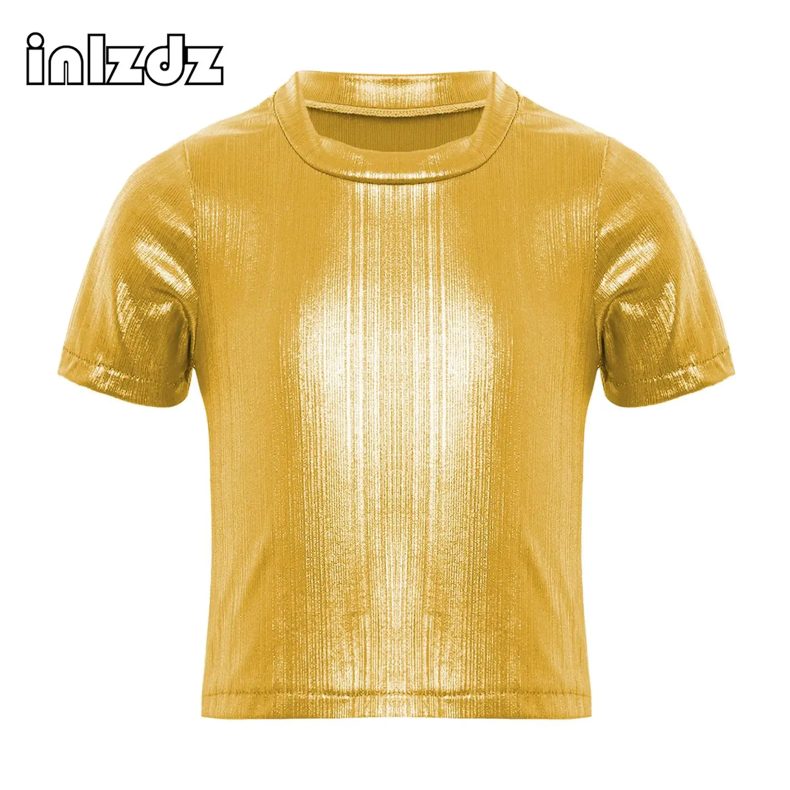 

Kids Boys Girls Dance Crop Tops Shiny Metallic High Street T-shirts Modern Jazz Hip-hop Dance Performance Costumes Dancewear