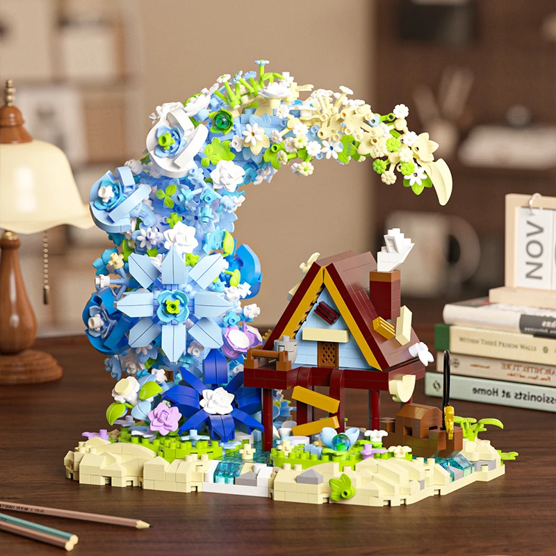 

Building block Moon Flower Tree House. Blue flowers, beautiful flowers. Desktop ornaments. Anniversary，festival gifts, no light