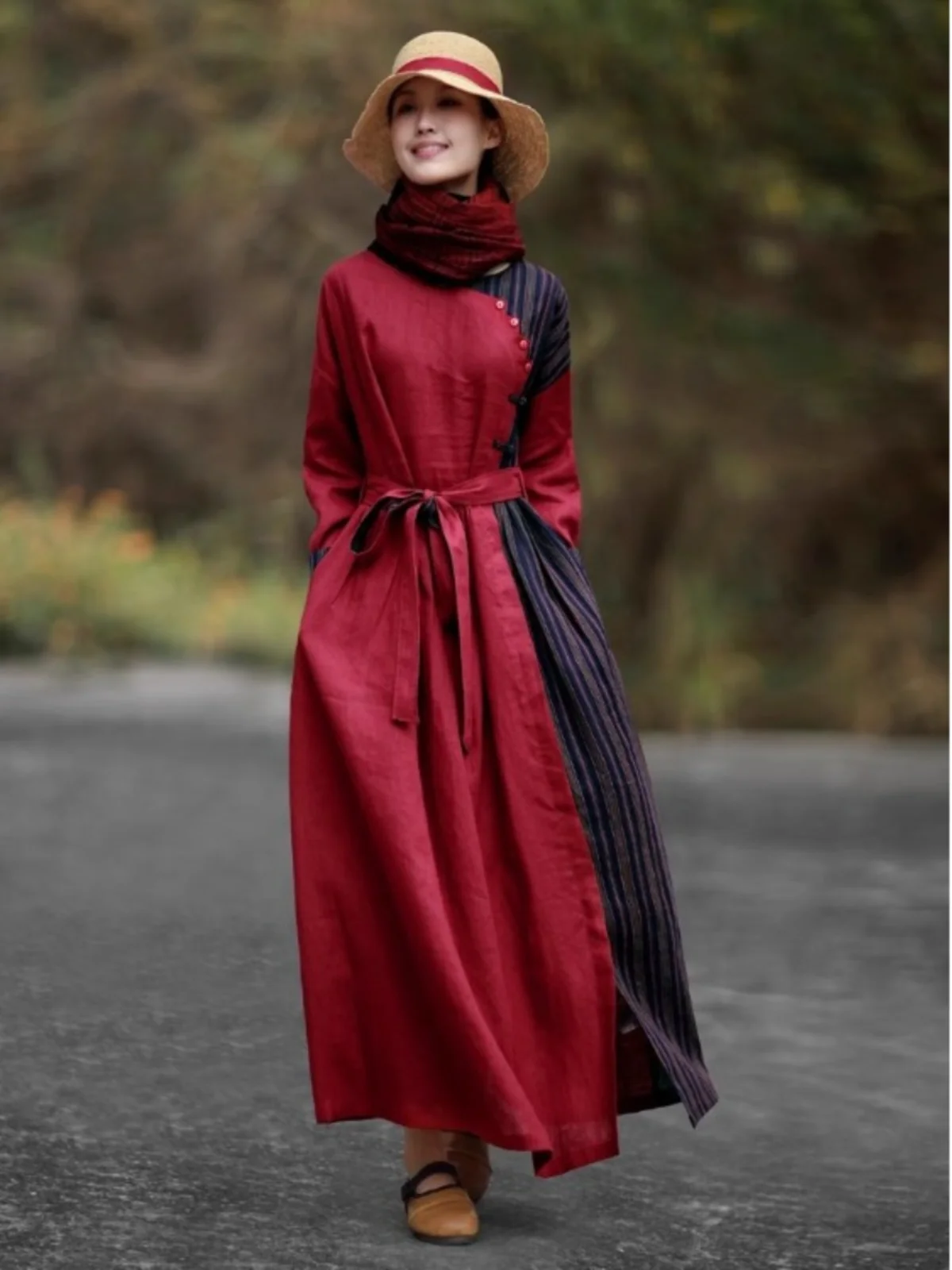 เสื้อผ้าฝ้ายลินินแขนยาวทรงเอสำหรับผู้หญิง ฤดูใบไม้ร่วง ลายบล็อกสี ดีไซน์วินเทจ แต่งกระดุม