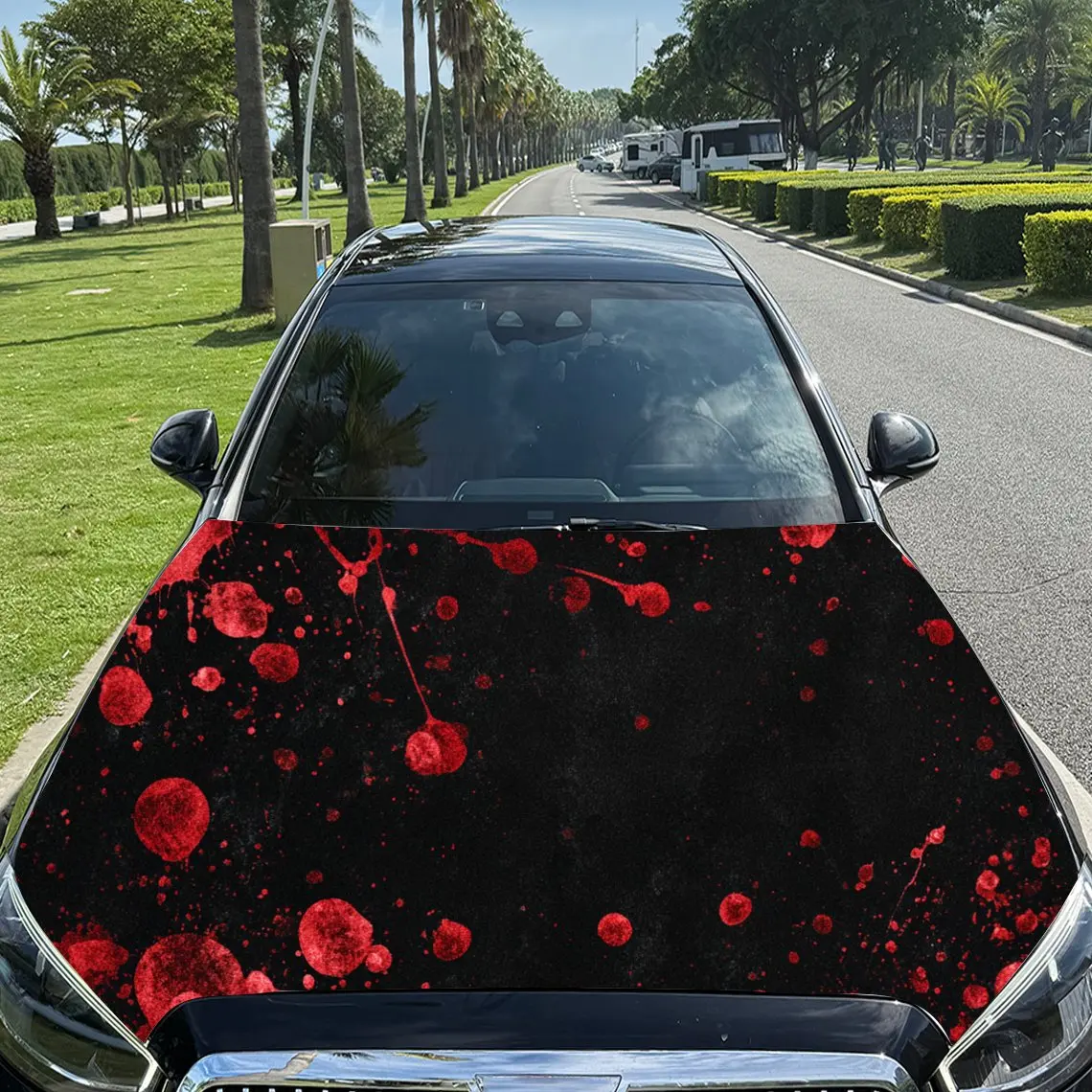 Car Decals Dark Gothic - Style Red Blood Splatter with Skull Silhouette Car Hood Sticker, Waterproof Self - Adhesive Vinyl Graph
