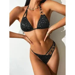 Błyszczące czarne bikini 2024 Kobiety Cekinowy pierścień Połączony Push Up Criss Cross Glitter Strój kąpielowy Wydrążone stringi Stroje kąpielowe