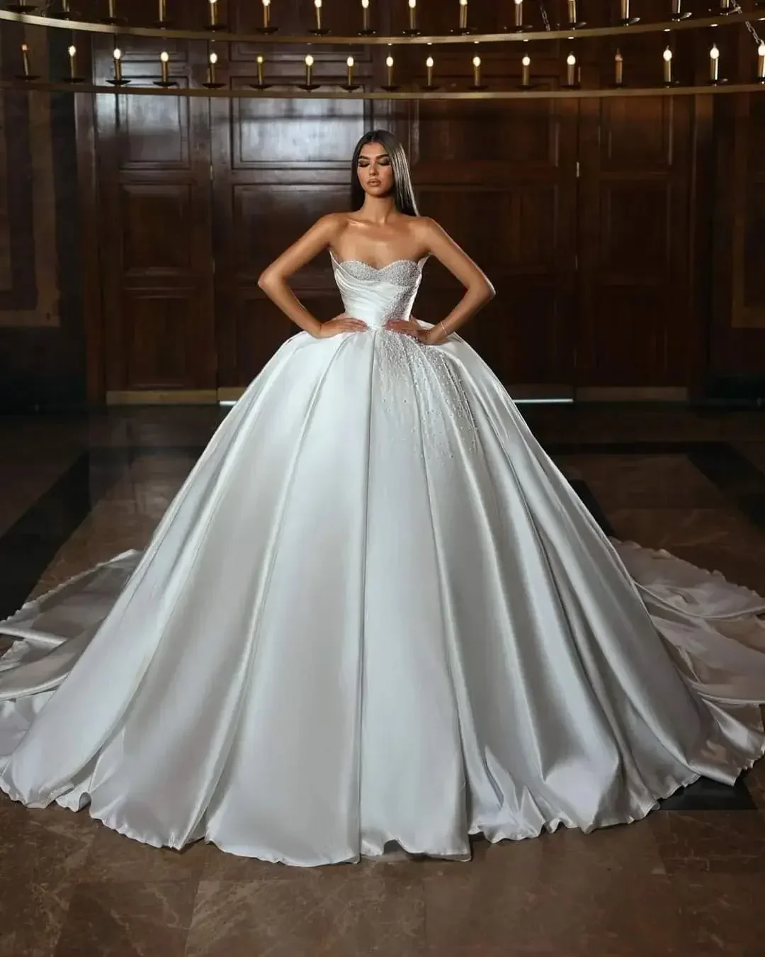 Customized  Ball Gown Satin Wedding Dresses Long for Bride Sweetheart Neckline Puffy Beading Pearls Bridal Dresses