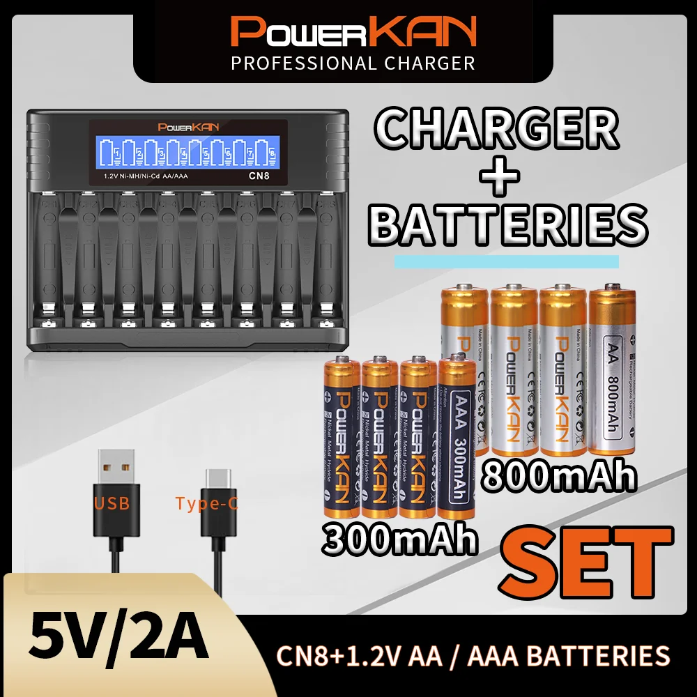 Powerkan NL8 Charger Combo Set for Family Use Lager Capacity 8 Slot Including 8pcs Rechargeable NIMH Battery AA and AAA