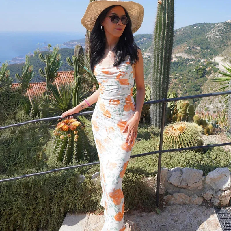 Women Floral Print Spaghetti Strap Maxi Dress Elegant Slim Fit Cowl Neck Waist Tie Backless Long Dress For Summer Party Vacation