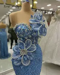 Sparkle Long Blue Mermaid Sequins Evening Party Dresses 2024 Fashion 5D Flowers Crystals Formal Night Prom Gowns for Women