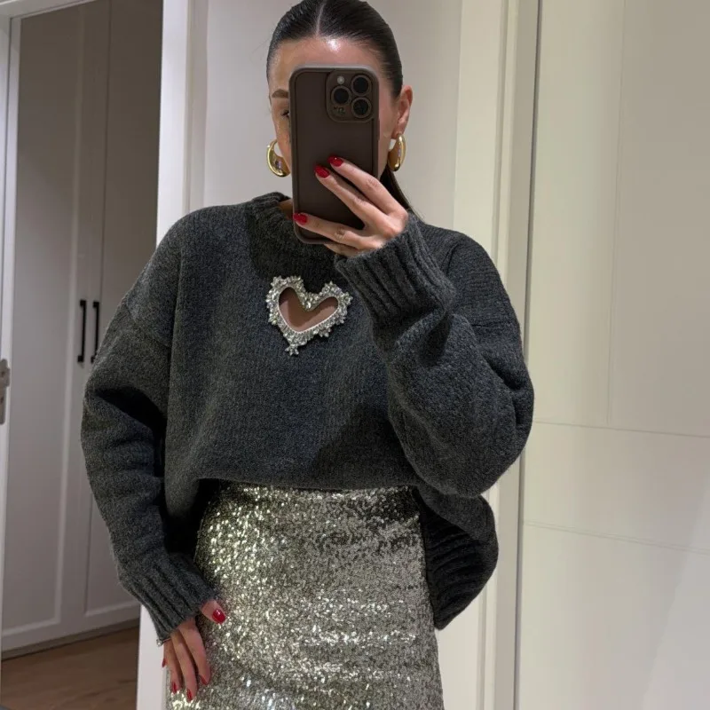 

European and American Design Sense Love Diamond-encrusted Loose Sweater Women's Lazy Style Fashion New Hollow Pullover Sweater