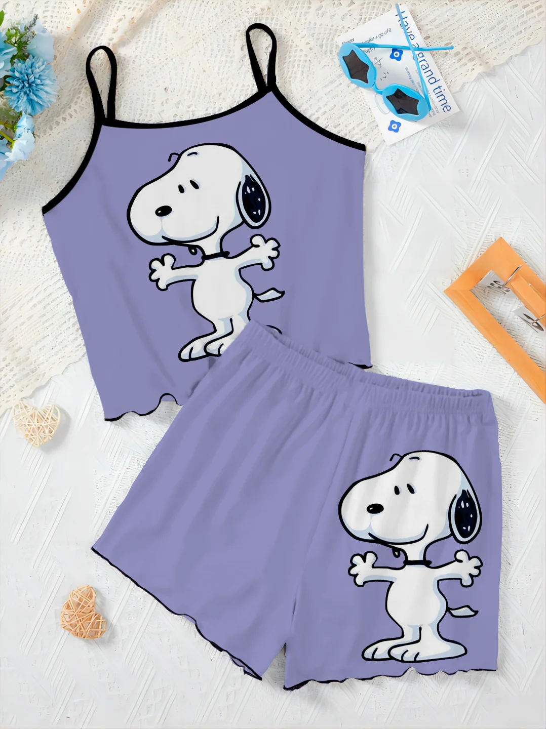 

Women's Suit Lettuce Trim Two Piece Set Home Dress T-shirt Snoopy Short Sets Disney Top Pieces Elegant Bottom Disney Slip Dress