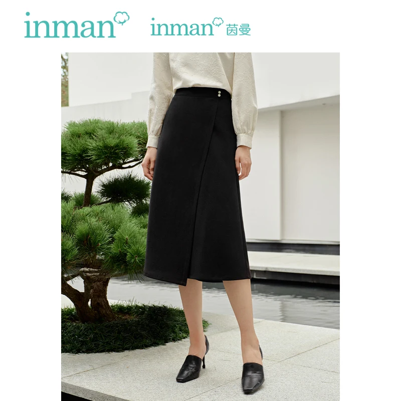 

INMAN Women Pants 2023 Autumn Elastic Waist Straight Loose Wide-leg A-shaped Trousers New Chinese Style Design Black Culotte