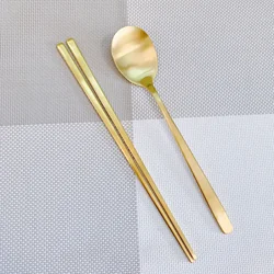 Stainless Steel Chopsticks Korean Spoon Set Flat  Brushed Solid  Gold-Plated  Tableware