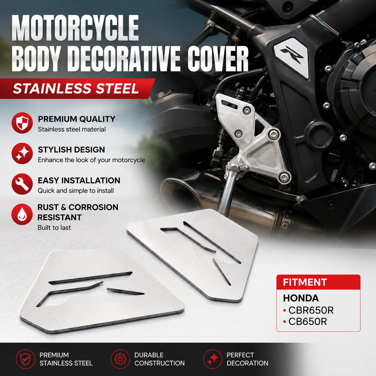 # CBR650R Frame Filler For Honda CBR 6R50R CB650R Frame Side Cover Trim Covers Stainless Steel Sticker CBR 650 R Type R Emblem