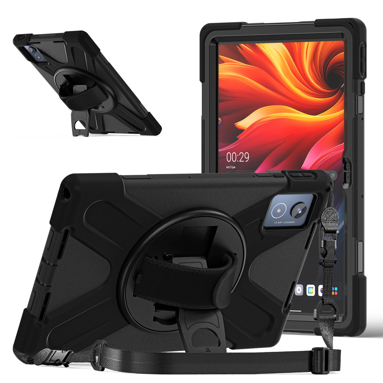 Heavy Duty Case For Lenovo Tab K11 Plus 2024 11.45 inch Model TB352FU TB352XU 360 Rotating Stand Armor Cover With Shoulder Strap
