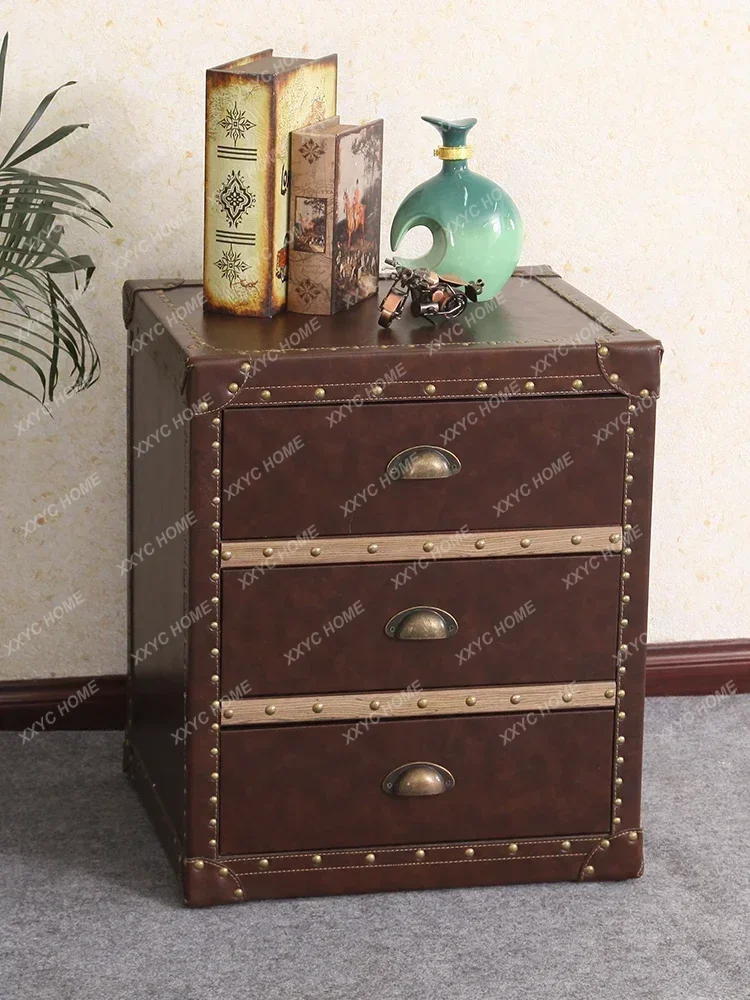 Bedside table Solid wood light luxury chest, bedroom retro simple leather storage bedside table