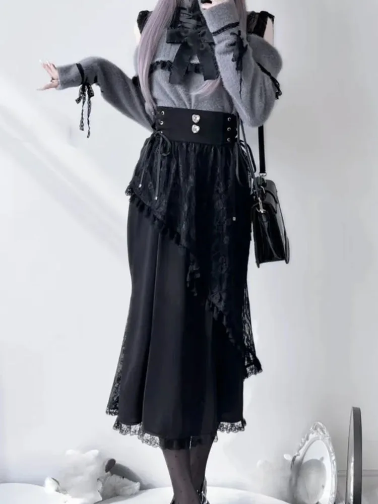 

Японские женские нерегулярные кружевные лоскутные юбки Harajuku, винтажные повязки Лолиты ​ jupe 2025 Y2k Эстетический гранж с высокой талией Faldas