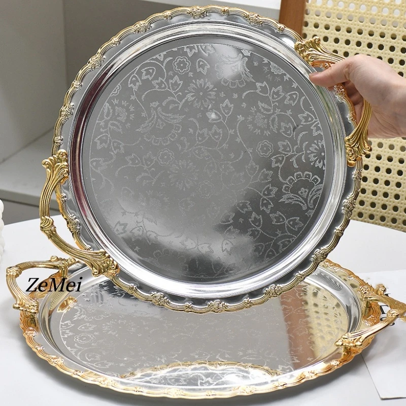 French-Style Circle Metal Fruit Tray,Tea Break Dessert Table,Dessert Storage Plate,Carved Flower Wedding and Home Decoration