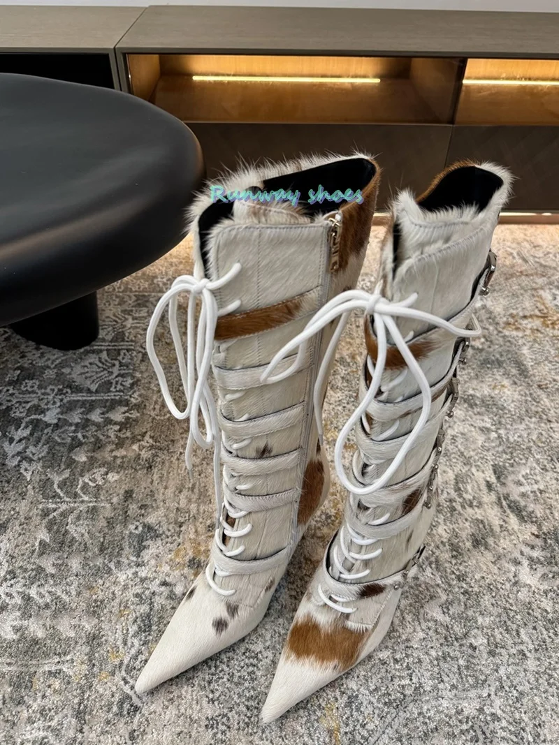 Handmade Color-Blocked Knee-High Boots  Stilettos Cross Straps Women's Boots Christmas Party Runway Boots Luxury Winter Boots