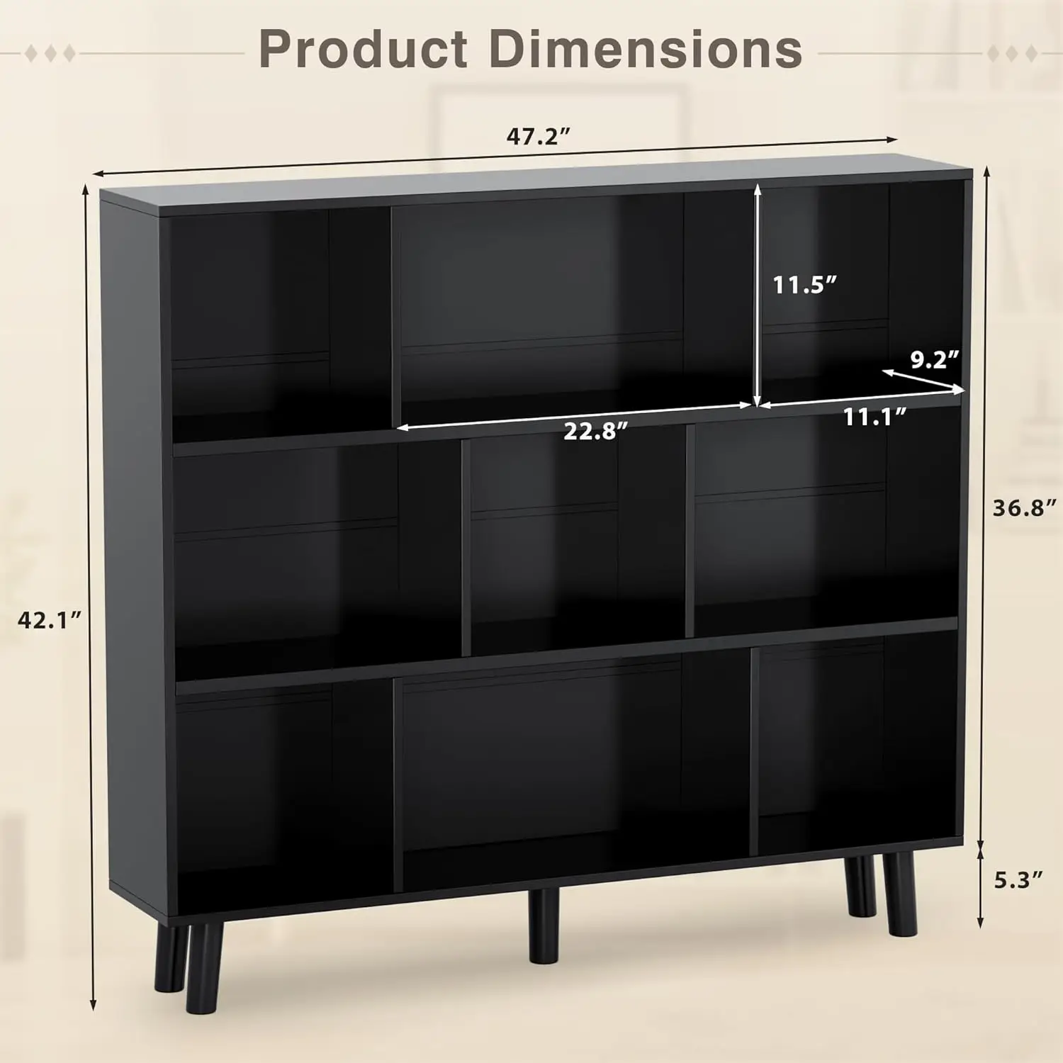 

9 Black Cube Bookcase, Open Frame 3-Tier Book Shelf, Bookshelf Storage Organizer with Feet & Anti-Tilt Device for Organization