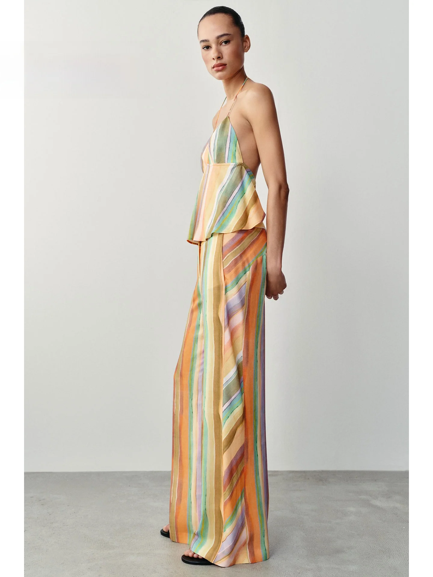 Rainbow Gradient Stripes V-Neck Back Tied A-Line Hem Vacation Atmosphere Hanging Neck Top Women's Short Length Outerwear