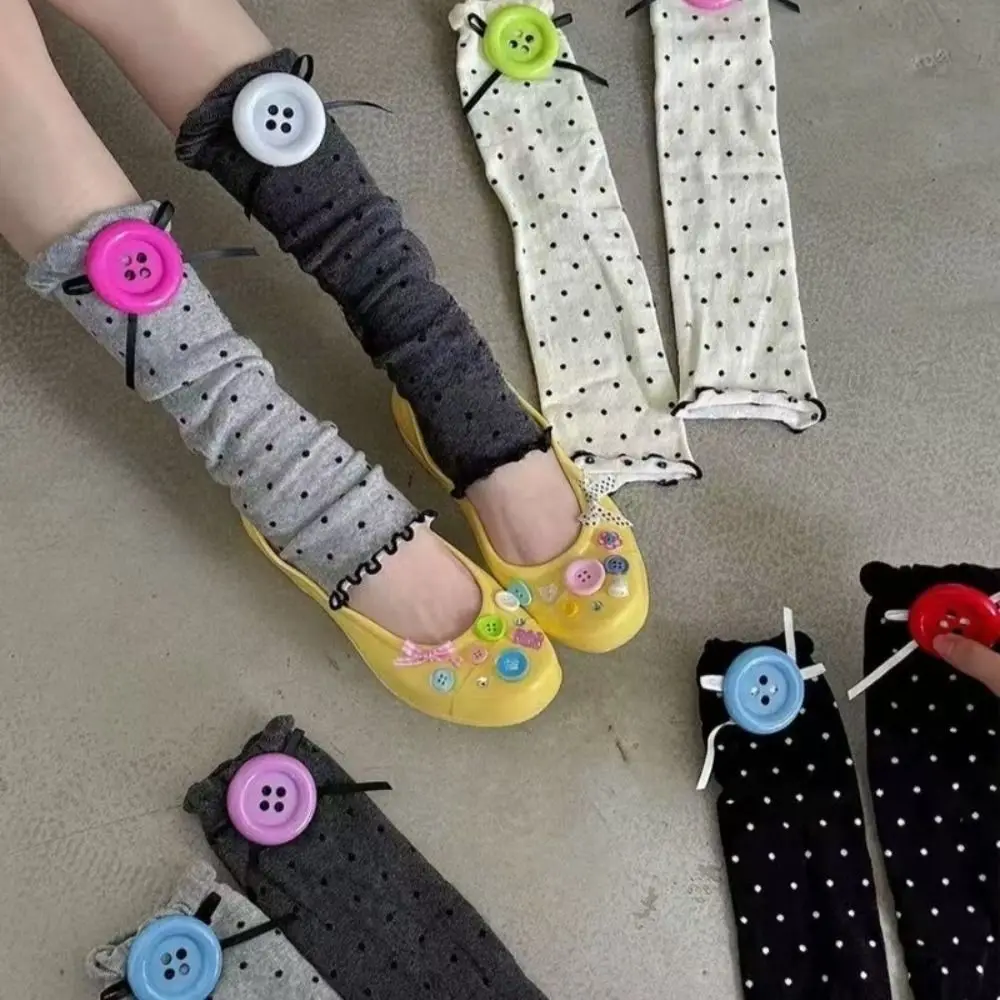 Sweet Polka Dot Calf Socks Cotton Breathable Leg Warmers Stretchy Color Button Socks Summer Wear