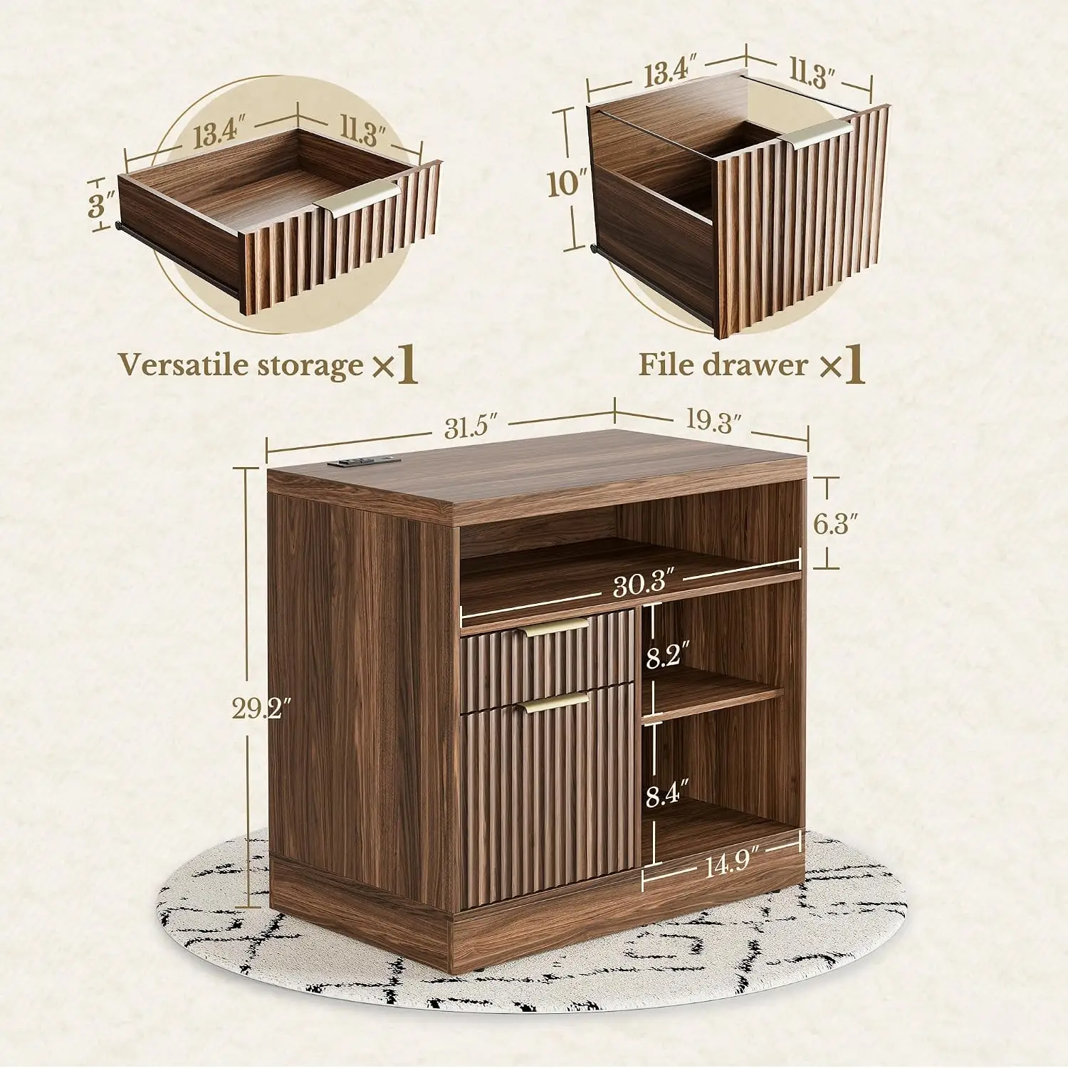 2 Drawer Fluted File Cabinet, 32'' Lateral File Cabinet with Lock and AC/USB for Letter/A4 Size, Wood Filing Cabinet with Storag