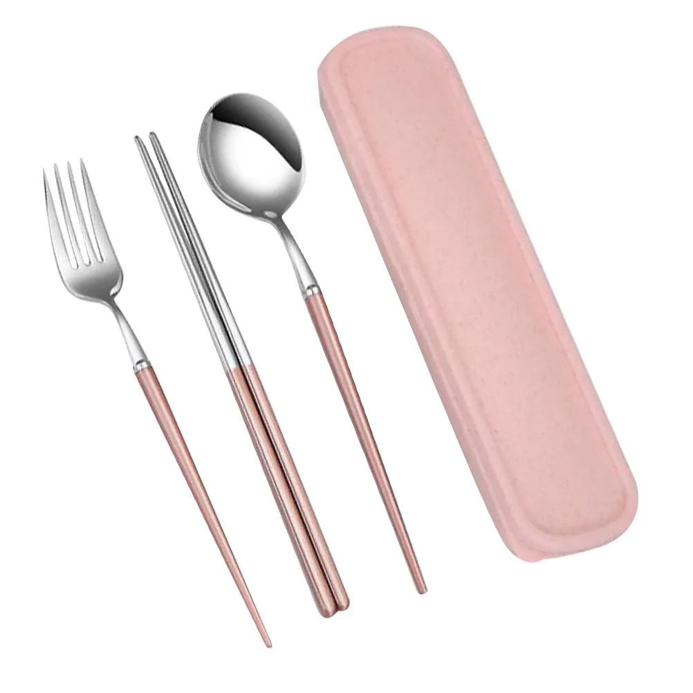 

3Pcs Stainless Steel Flatware Set Spoon Chopsticks Fork Compact Carry Case Portable Travel Silverware for Camping Picnic Office
