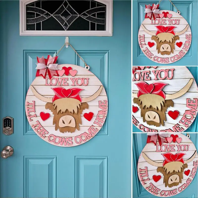 Highland Cow Door Hanger Valentine's Day Wreath Sign Rustic Water Resistant Valentine's Day Door Hanger For Front Door