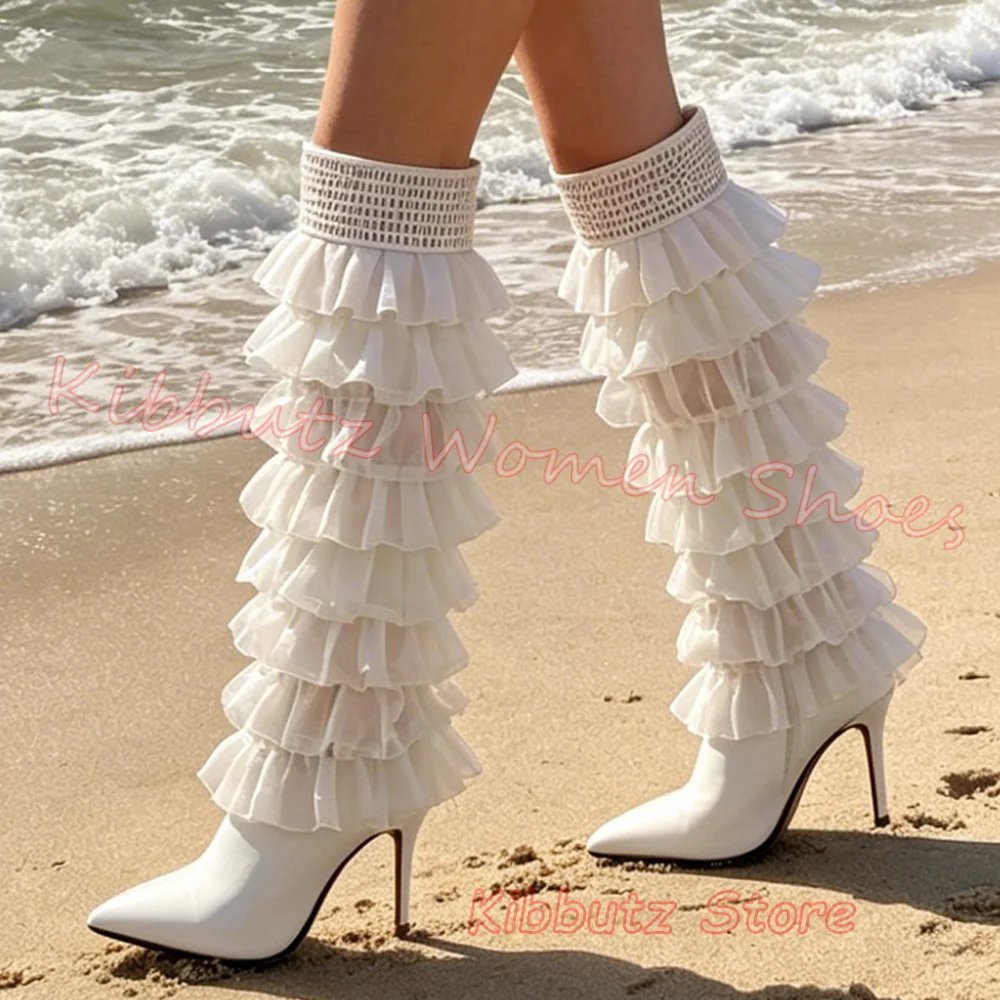 Knee High Boots Sexy Satin Multi Layer Tulle Ruffles Leather Glitter Crystal Buckle Party Thin Heels Pointy Sexy Lace Up Shoes