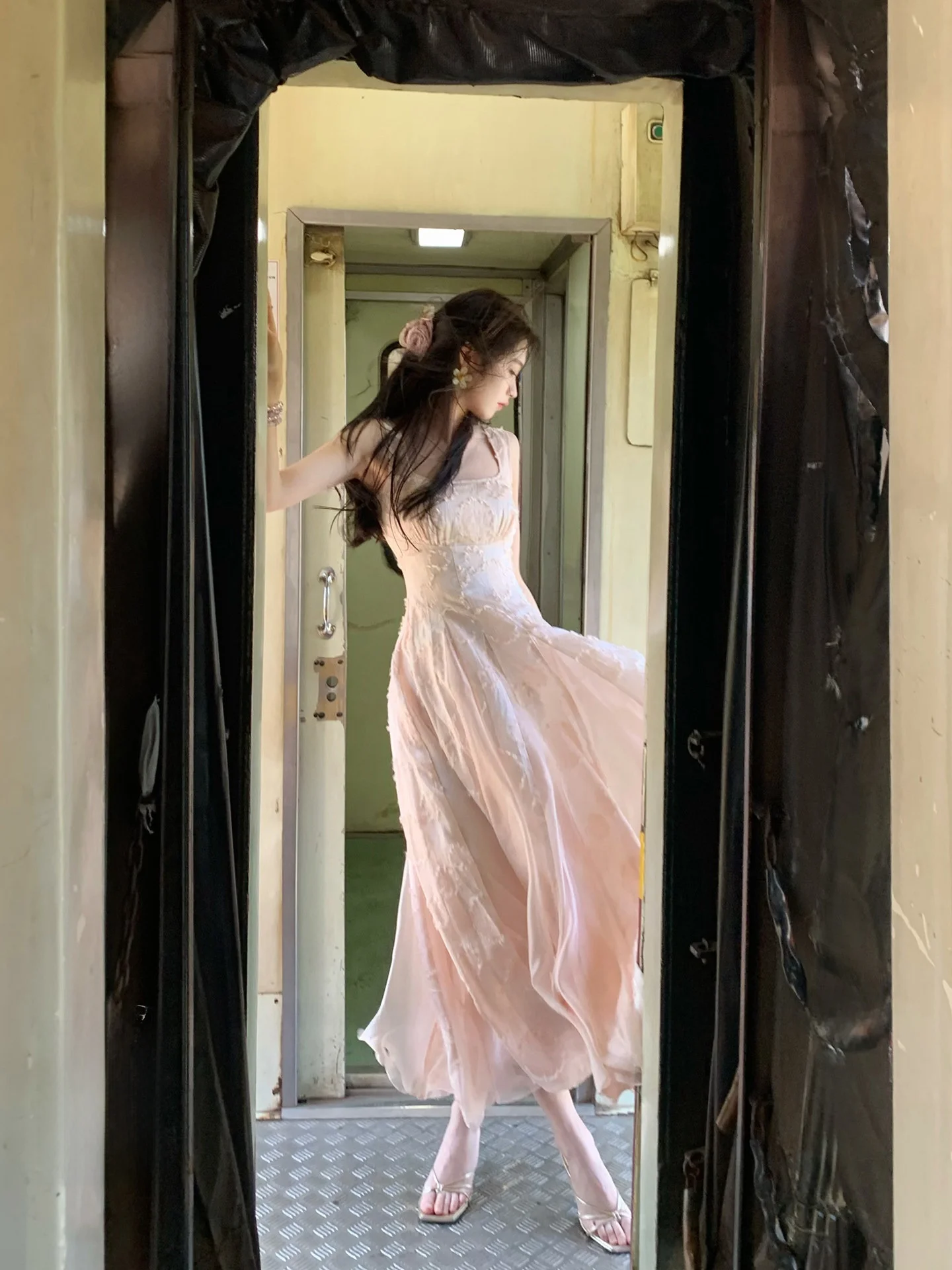 

Lingshan Zhihe Summer Pink Garden Party Maxi Dress Women's Strapless Gown French Style High Waist A-Line Skirt Wedding Dress