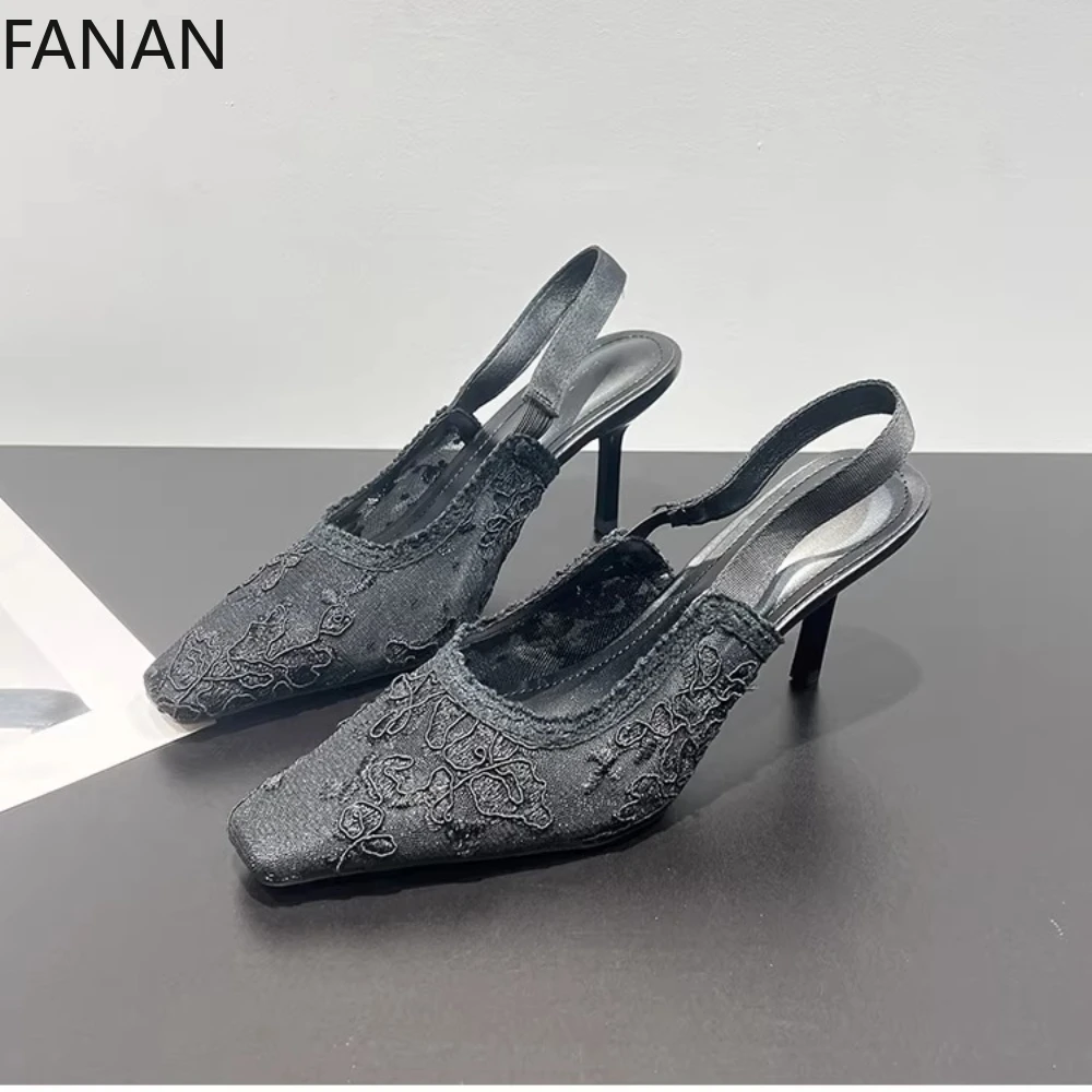 Womens Heeled Sandals Square Toe Embroider Thin Heel Mesh Sandals Women 2026 summerlace Closed Toe Back Strap Shoes