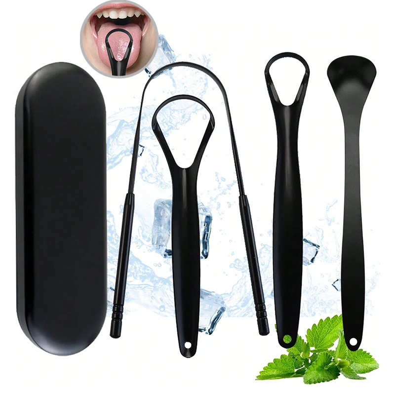 Stainless Steel Black Tongue Scraper Set, with Black Iron Box Storage Case, Handheld Tongue Scraper, Washable, Reusable, Household Oral Cleaning Care Tool
