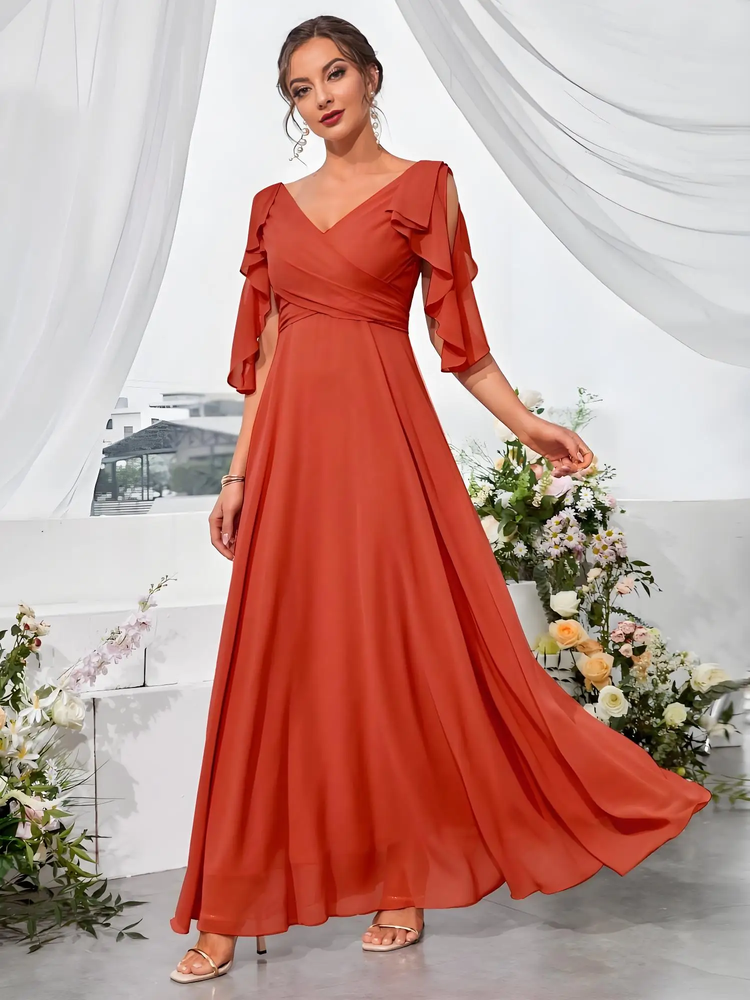 Beshinel مخصص الخامس الرقبة نصف كم الكشكشة الشيفون فساتين السهرة الزفاف ضيف فساتين وصيفة الشرف Vestidos De Festa