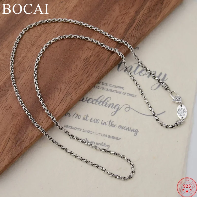 BOCAI S925 Sterling Silver Necklaces for Men Women Retro Six Character Mantra 3mm Twist O-chain Chain Fashion Jewelry Wholesale