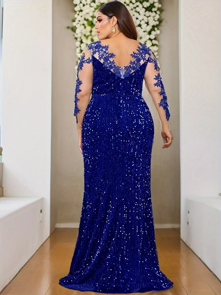 Blue O Neck Sequin Formal Evening Dress Long Sleeves See-through Mesh Stretchy Floor Length Women Party Elegant Wedding Dresses