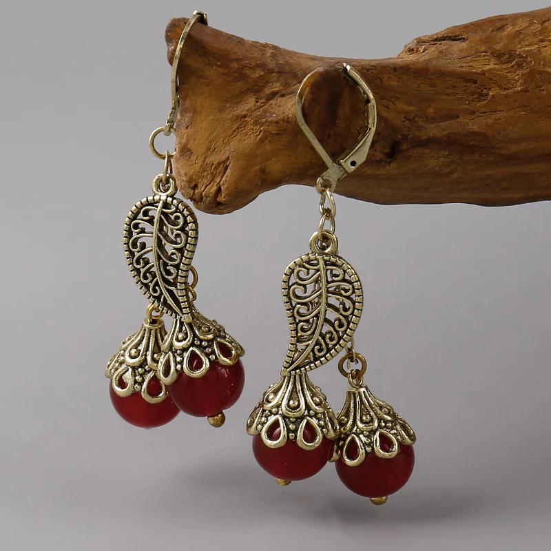 Boho Leaves Drop Earrings For Women Brinco Carved Vintage Tibetan Silver Bohemian Red Beads Long Earrings boucle d’oreille