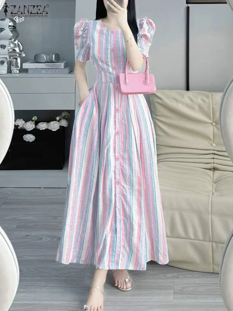 ZANZEA レトロストライプドレス女性エレガントなオフィスサンドレス夏のパーティーマキシロング Vestidos 2025 カジュアル A ラインパフスリーブローブ
