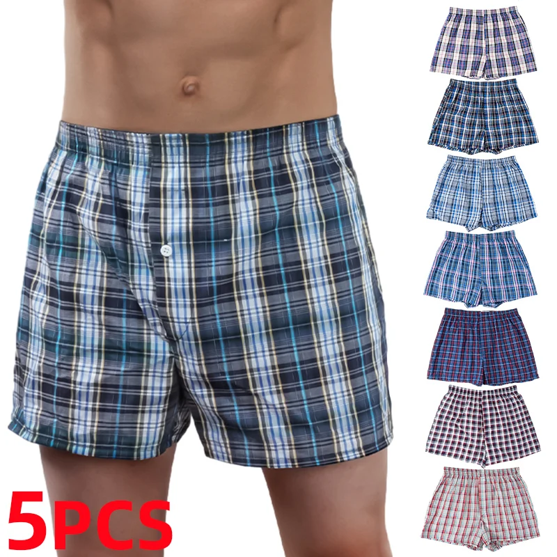 

5Pcs/lot Boxer Men Thin Summer Underwear Shorts Casual Plaid Elastic Waistband Button Mens Boxer Underwear Woven Shorts for Home