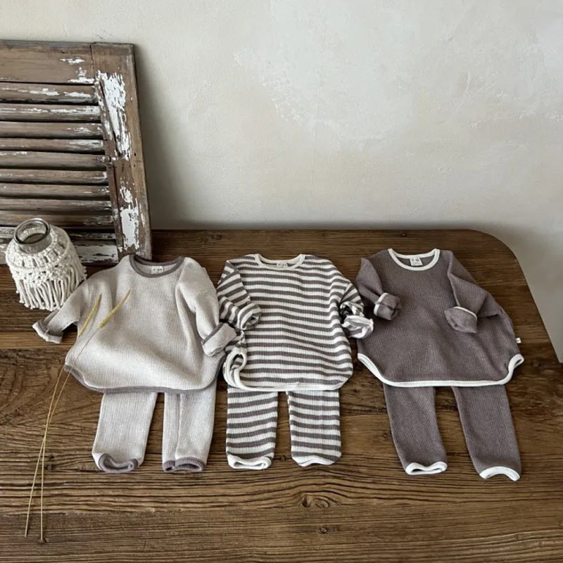 2026 Spring New Children Casual Clothes Set Cotton Waffle Sweatshirt + Pants 2pcs Boys Set Baby Girl Outfits Kids Striped Suit