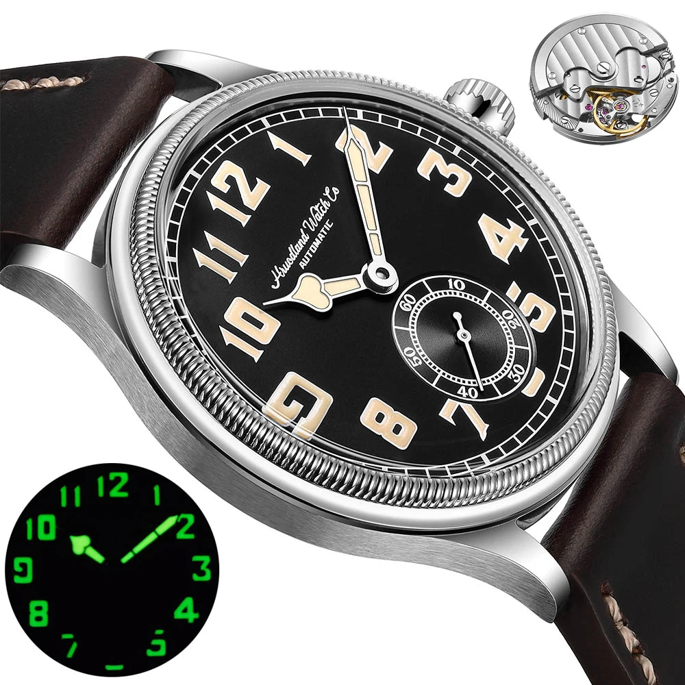 Hruodland – montre automatique de pilote Vintage pour hommes, mouvement mécanique ST1701, étanche 5ATM, bracelet en cuir C3 Green Lume, 38mm