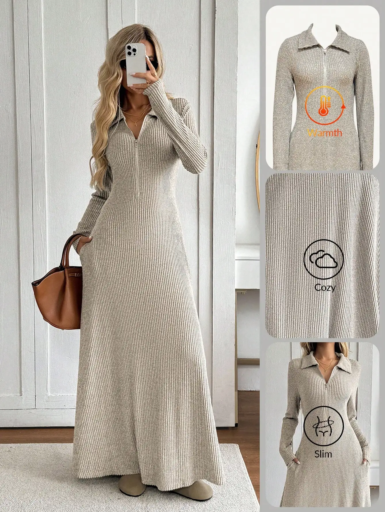 

Beige Ribbed Knit Maxi Dress with Half-Zip Polo Collar, Slim Fit & Thermal Lining for Autumn Winter