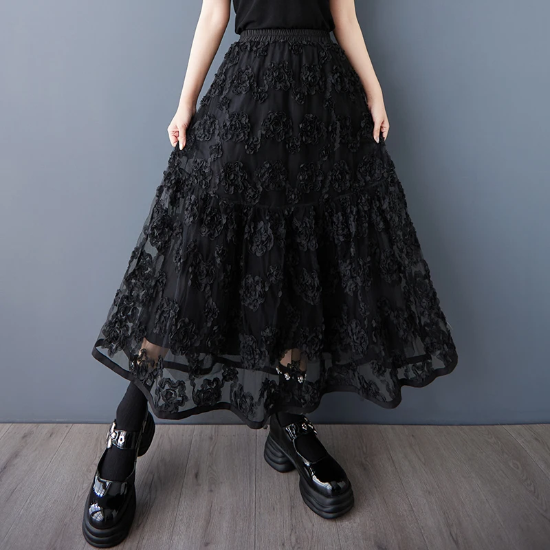 

NYFS 2025 Summer New Vintage Elastic waist Woman Skirt Fashion black Mesh craft flowers Long Skirt