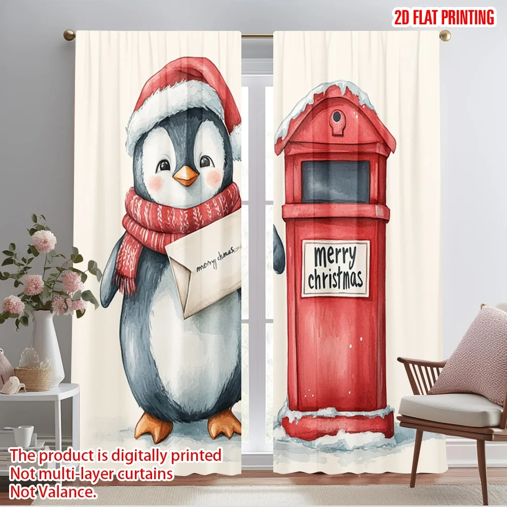 2pcs,2D plane printing Curtains Digital Printed Cute Penguin Merry Christmas Letter (2) Versatile Durable Polyester (without