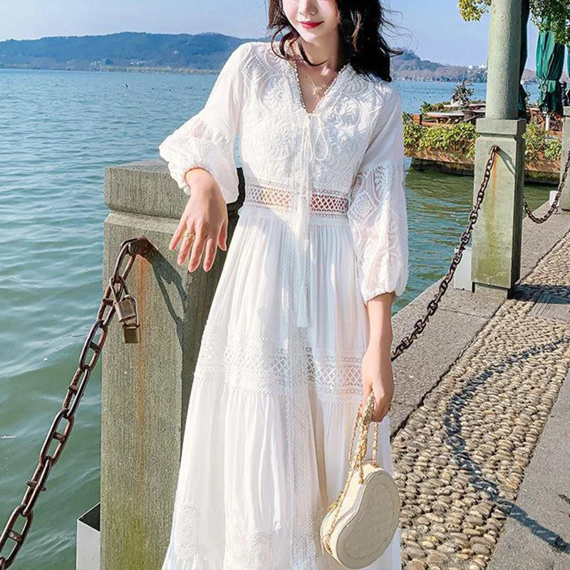 Biała Damska Letnia Długa Sukienka Codzienna Boho Koronkowa Sukienka Maxi Damska Plażowa Sukienka Wakacyjna Elegancka Vintage Sukienka na Imprezę Vestidos