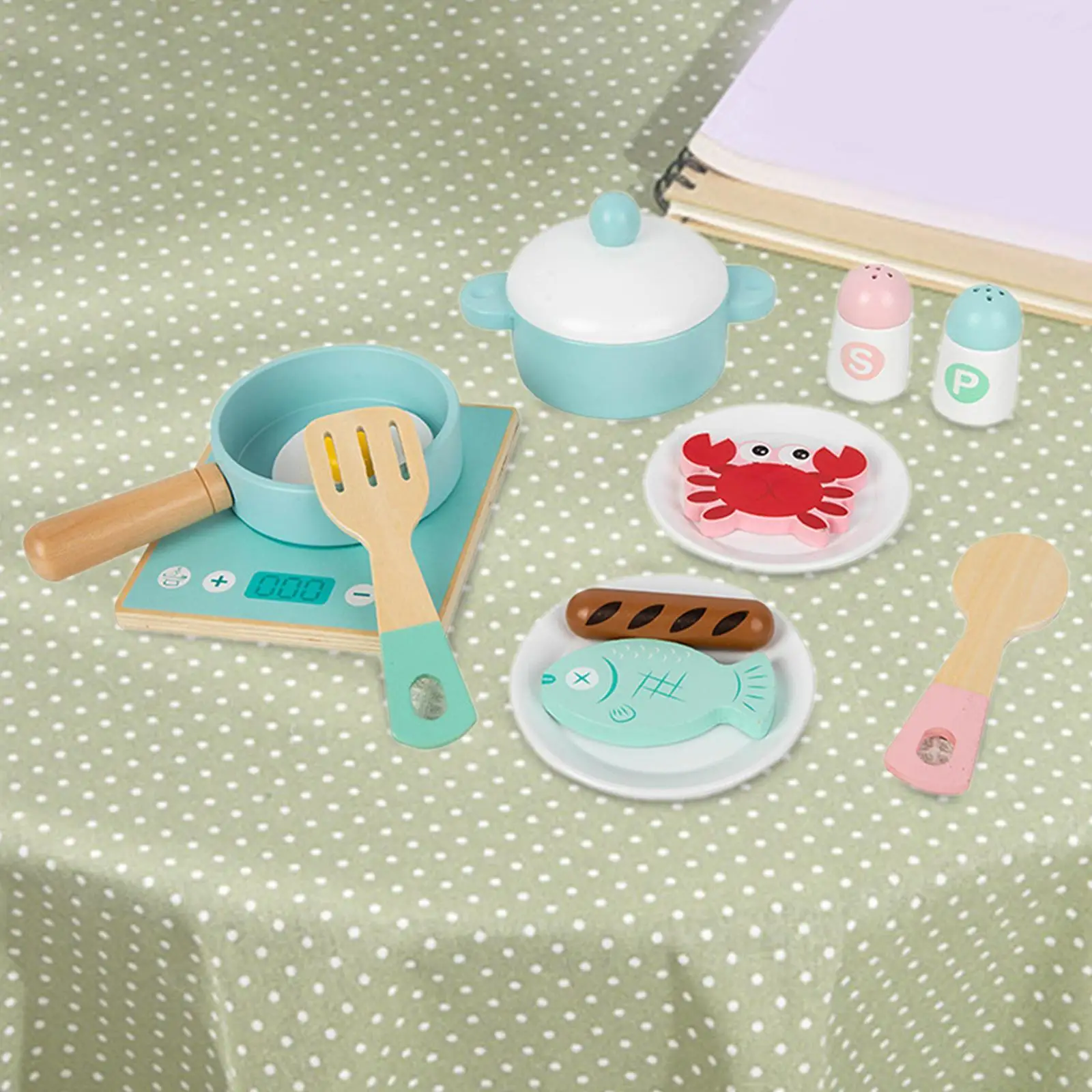 Conjunto de cozinha infantil com ferramentas de cozinha e itens alimentares