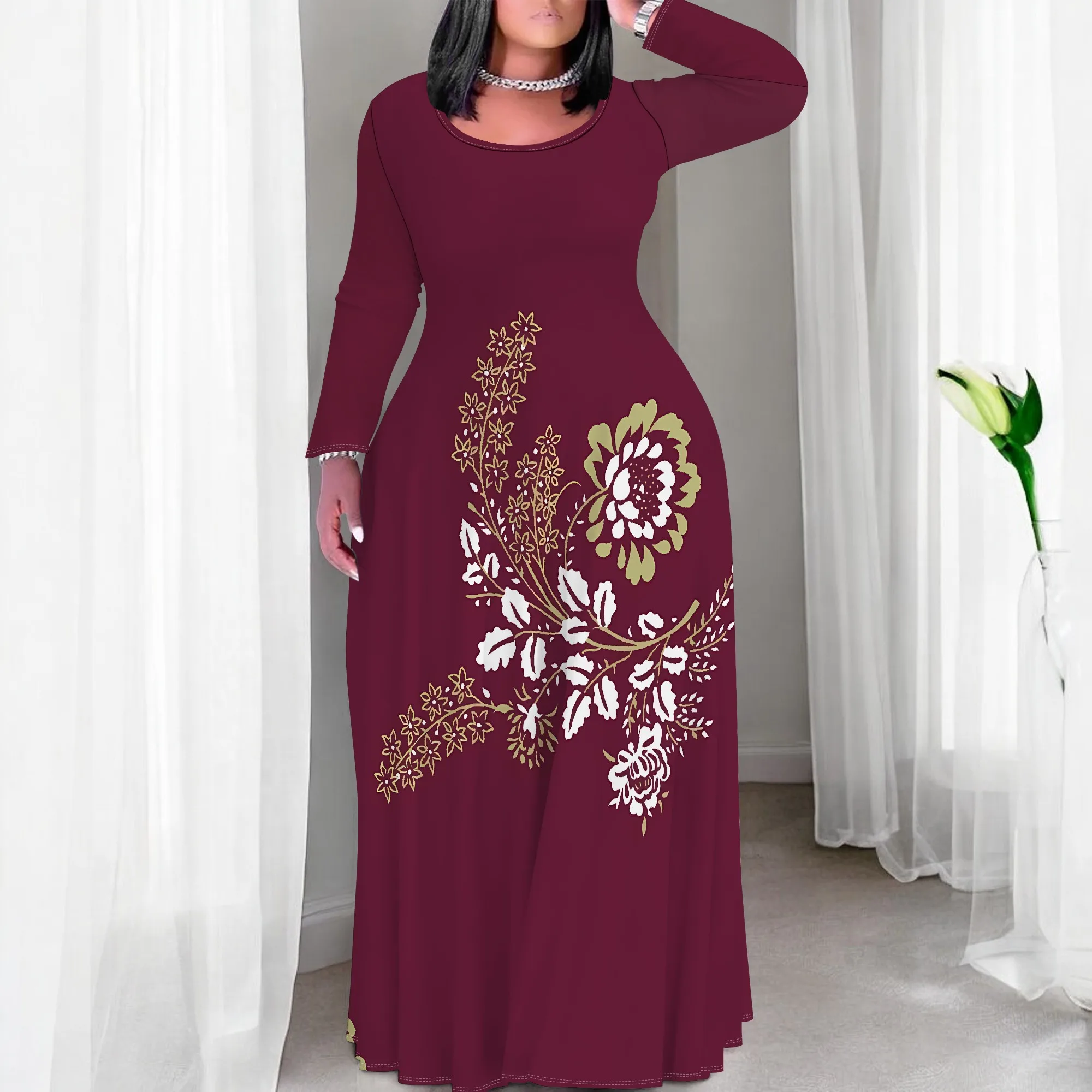 

Nupusa Wine Red Gold White Floral Print Dress for Women Plus Size Summer Casual Round Neck Long Sleeve Maxi Dress