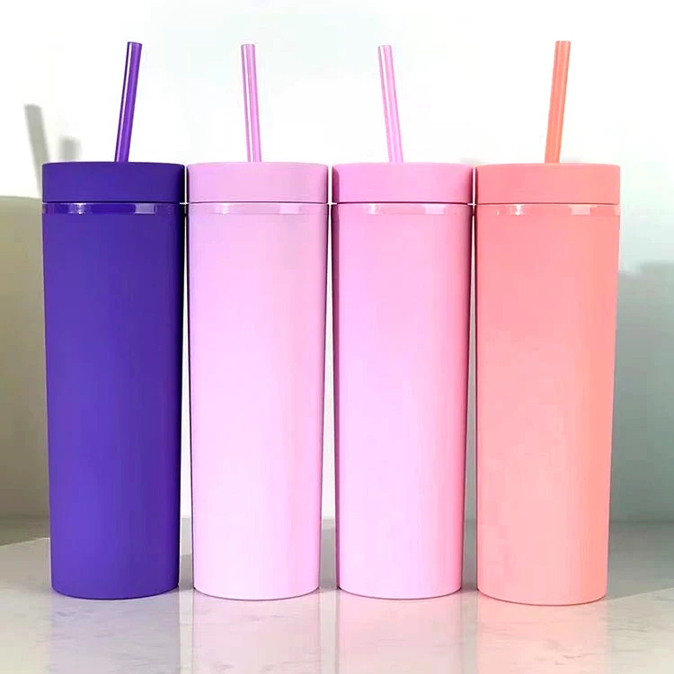 High Quality Custom Reusable Matte Color Plastic Mug 16oz Slim Acrylic Double Wall Tumblers With Straw