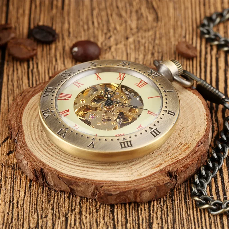 Bronze Carving Roman Number Unisex Handwinding Mechanical Pocket Watch Pendant Chain Skeleton Clock for Men Women Gift Reloj