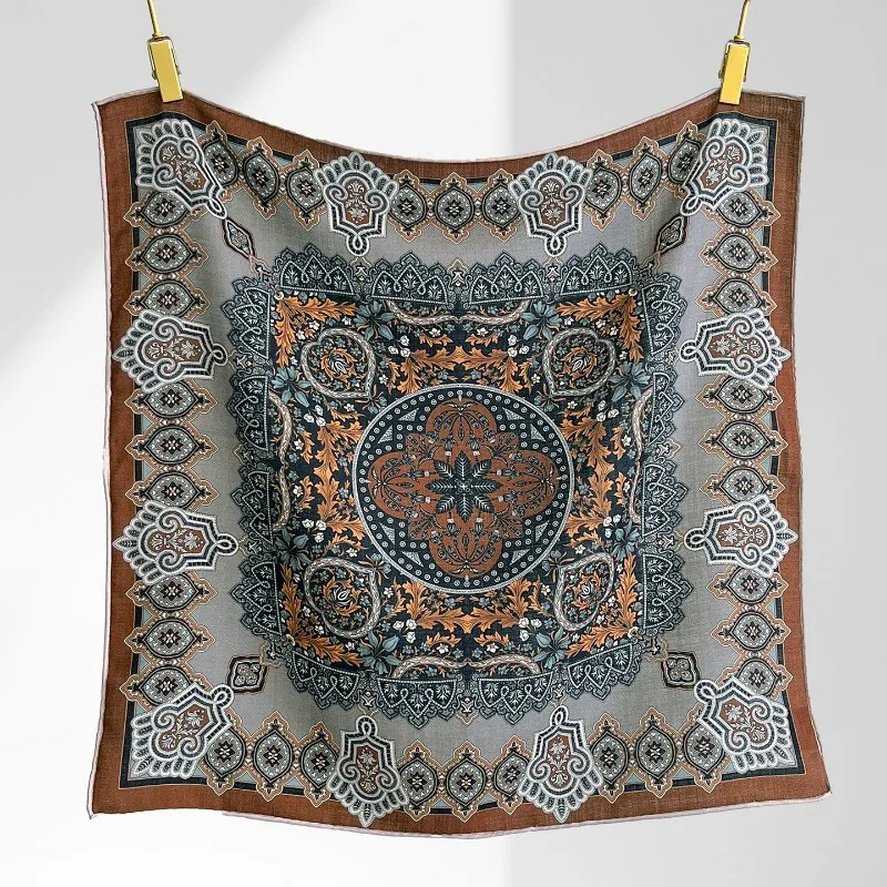 Central Compass Persian Floral Square Scarf 30% Mulberry Silk 70% Wool 70X70cm Light Grey Base Versatile Neck Travel Wrap Gift