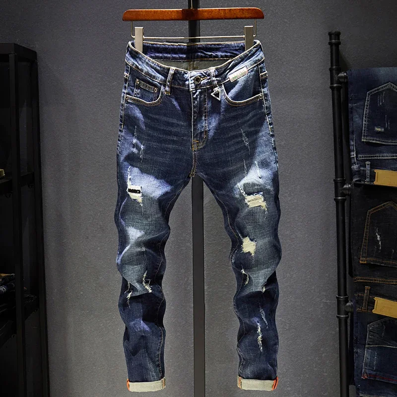 

Mens Ripped Jeans Slim Fit Dark Blue Spring Autumn Destroyed Stylish Moto Biker Jeans Denim Pants Men Hip Hop Streetwear E107