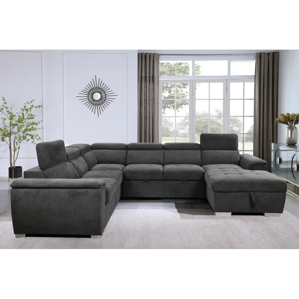 U-Shaped 7-seat Sectional Sofa Couch with Adjustable Headrest, Sofa Bed with Storage Chaise-Pull Out Couch Bed for Living Room