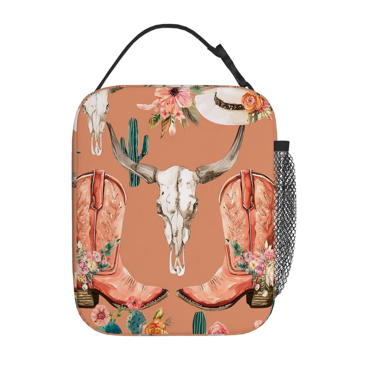 Western-Themed Insulated Tote Bag with Cowboy Boots, Skulls, Cacti & Flowers for Home, Office, or Restaurant Use Lunch Bag