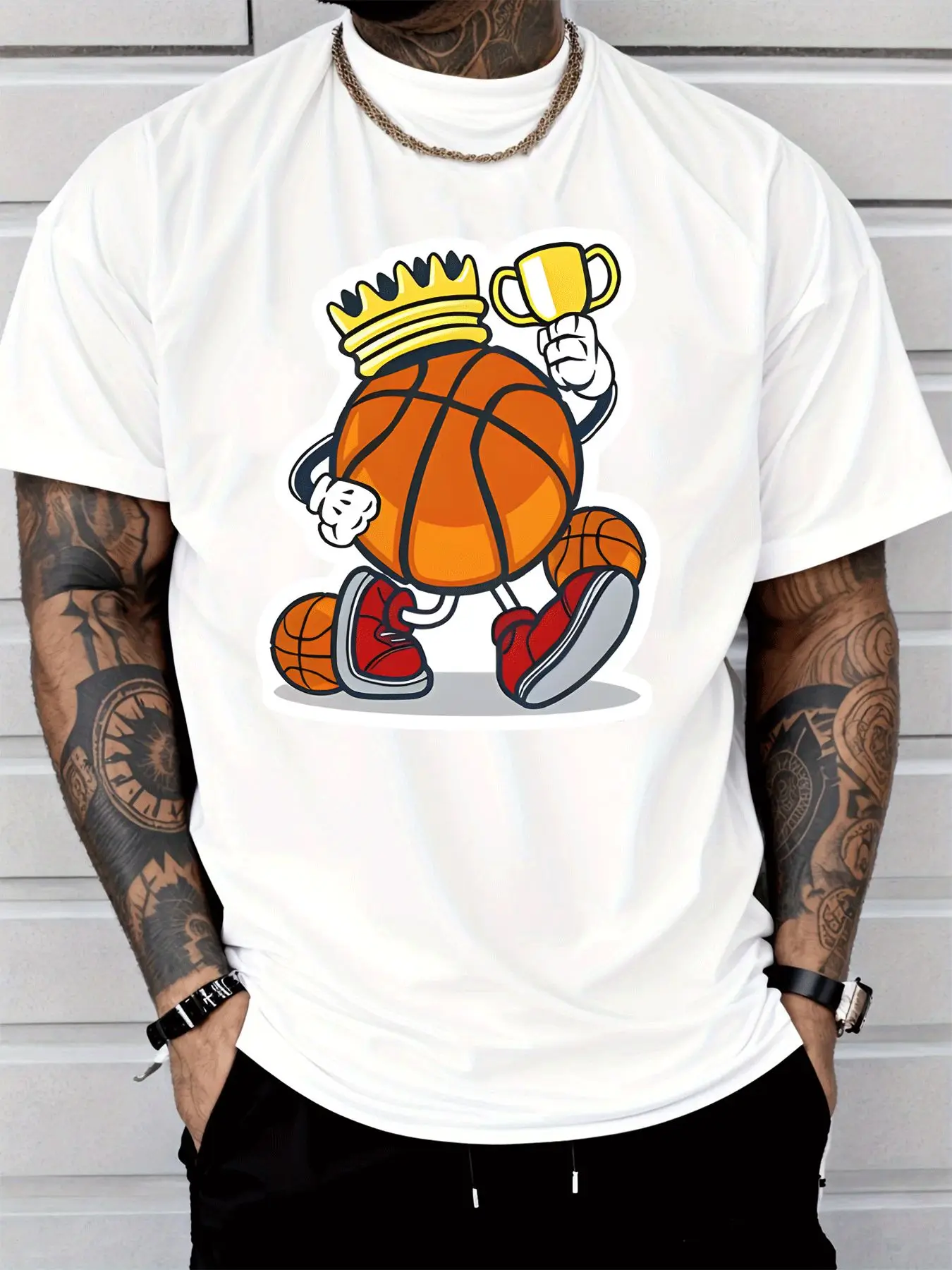 Cartoon King Basketball Trophy Mens Front Print T Shirt Sport Champion Graphic Tee Casual Short Sleeve Top Basketball Fan Gift